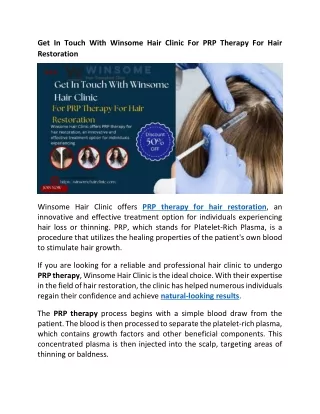 Get In Touch With Winsome Hair Clinic For PRP Therapy For Hair Restoration
