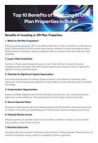 Top 10 Benefits of Investing in Off-Plan Properties in Dubai