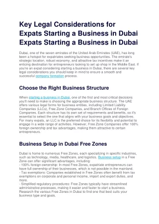 Key Legal Considerations for Expats Starting a Business in Dubai