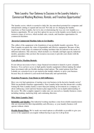 Nate Laundry Your Gateway to Success in the Laundry Industry - Commercial Washing Machines, Rentals, and Franchise Oppor