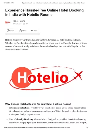 Online Hotel Booking in India with Hotelio Rooms