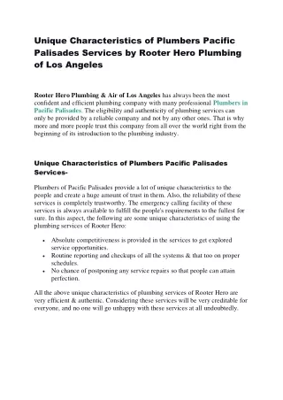 Unique Characteristics of Plumbers Pacific Palisades Services by Rooter Hero Plumbing of Los Angeles (1)
