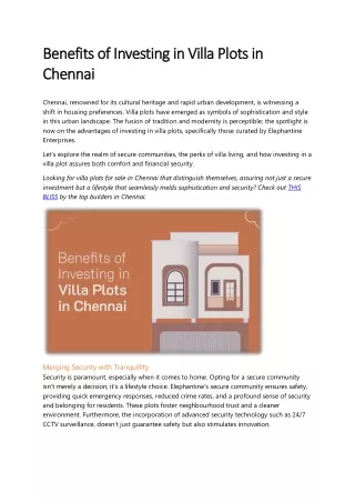 Benefits of Investing in Villa Plots in Chennai