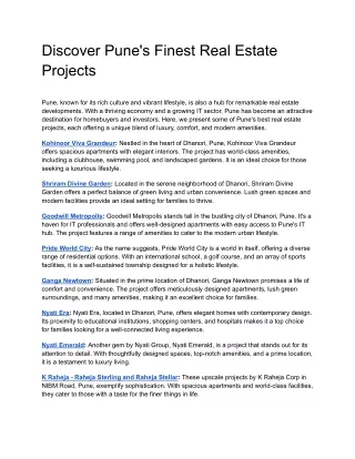 Discover Pune's Finest Real Estate Projects