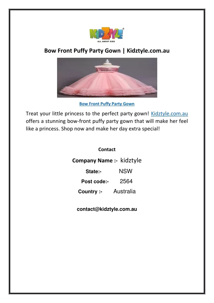 bow front puffy party gown kidztyle com au
