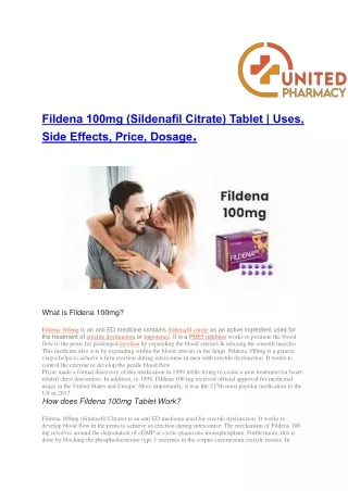 Fildena 100mg (Sildenafil Citrate) Tablet | Uses, Side Effects, Price, Dosage.