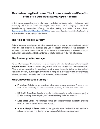 Revolutionizing Healthcare The Advancements and Benefits of Robotic Surgery at Bumrungrad Hospital