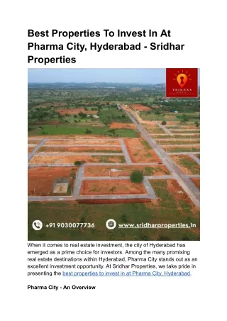 Best Properties To Invest In At Pharma City Hyderabad - Sridhar Properties