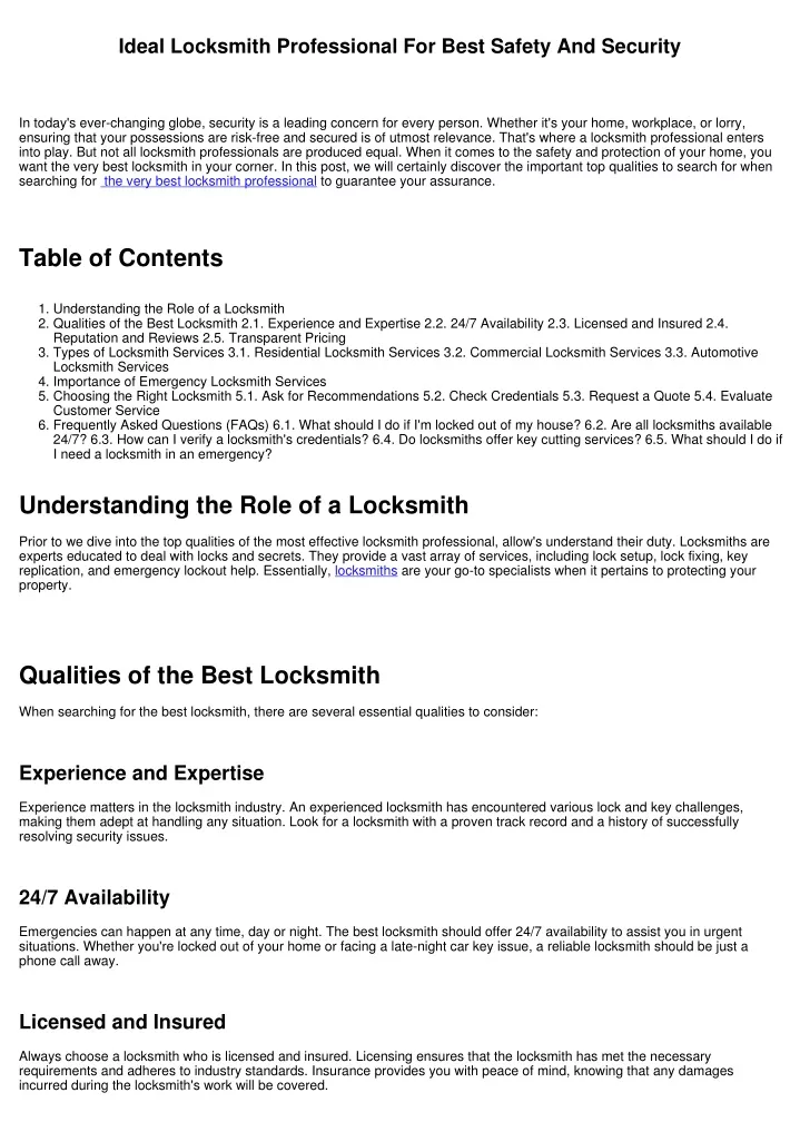 Qualities Of A Good Locksmith