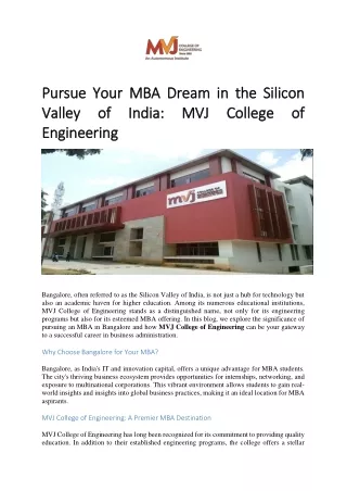 Pursue Your MBA Dream in the Silicon Valley of India MVJ College of Engineering