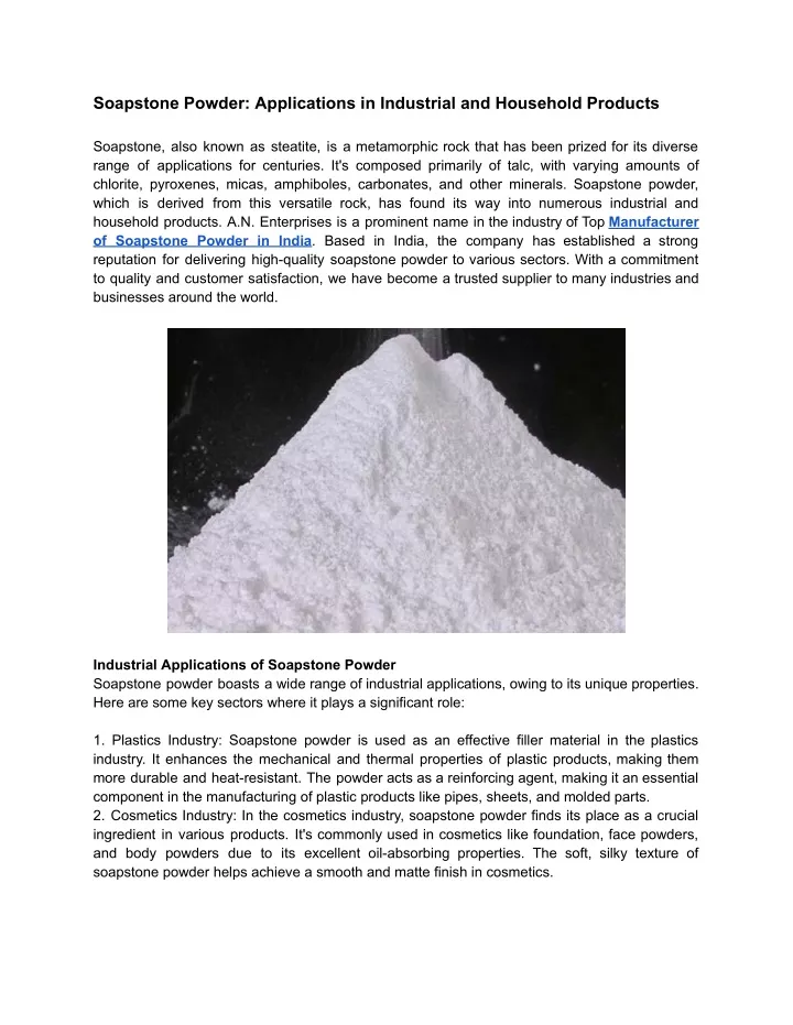 soapstone powder applications in industrial
