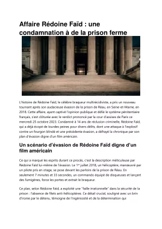 Affaire Rédoine Faïd : Condamnation à Prison Ferme