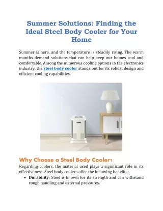 Summer Solutions- Finding the Ideal Steel Body Cooler for Your Home