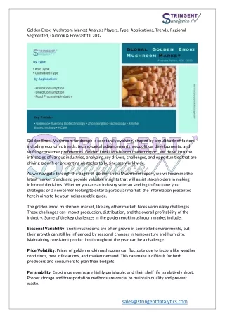 Golden Enoki Mushroom Market Analysis Players, Type, Applications, and Forecast
