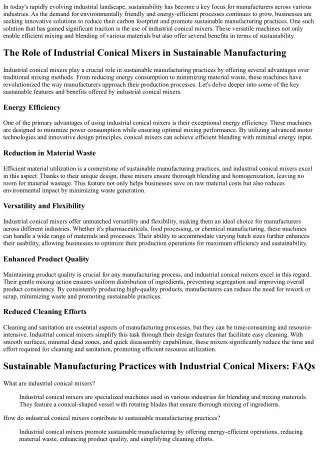 Sustainable Manufacturing Practices with Industrial Conical Mixers