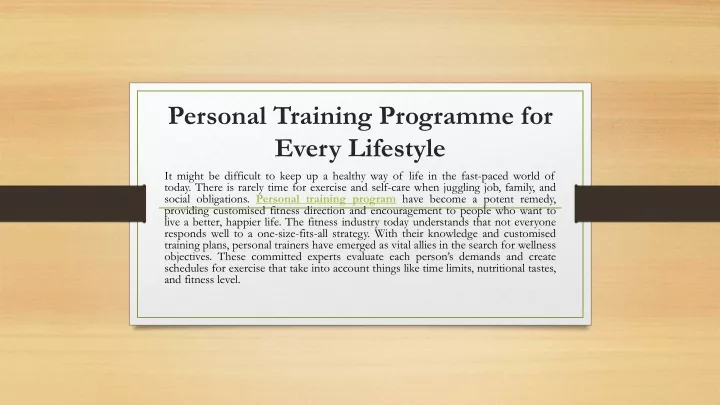 personal training programme for every lifestyle