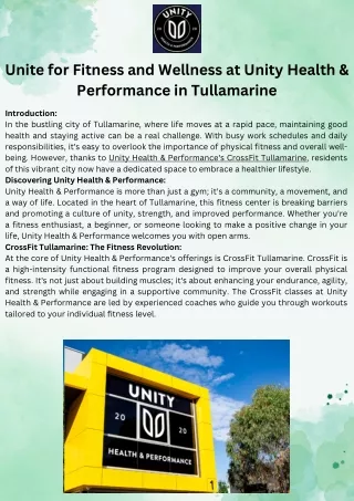 Unite for Fitness and Wellness at Unity Health & Performance in Tullamarine