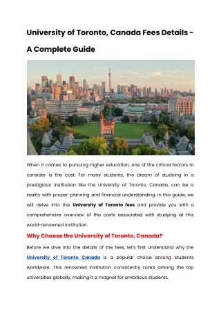 University of Toronto, Canada Fees Details - A Complete Guide