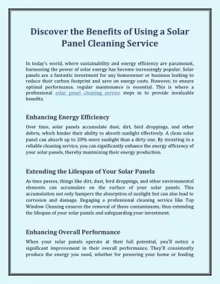 Discover the Benefits of Using a Solar Panel Cleaning Service