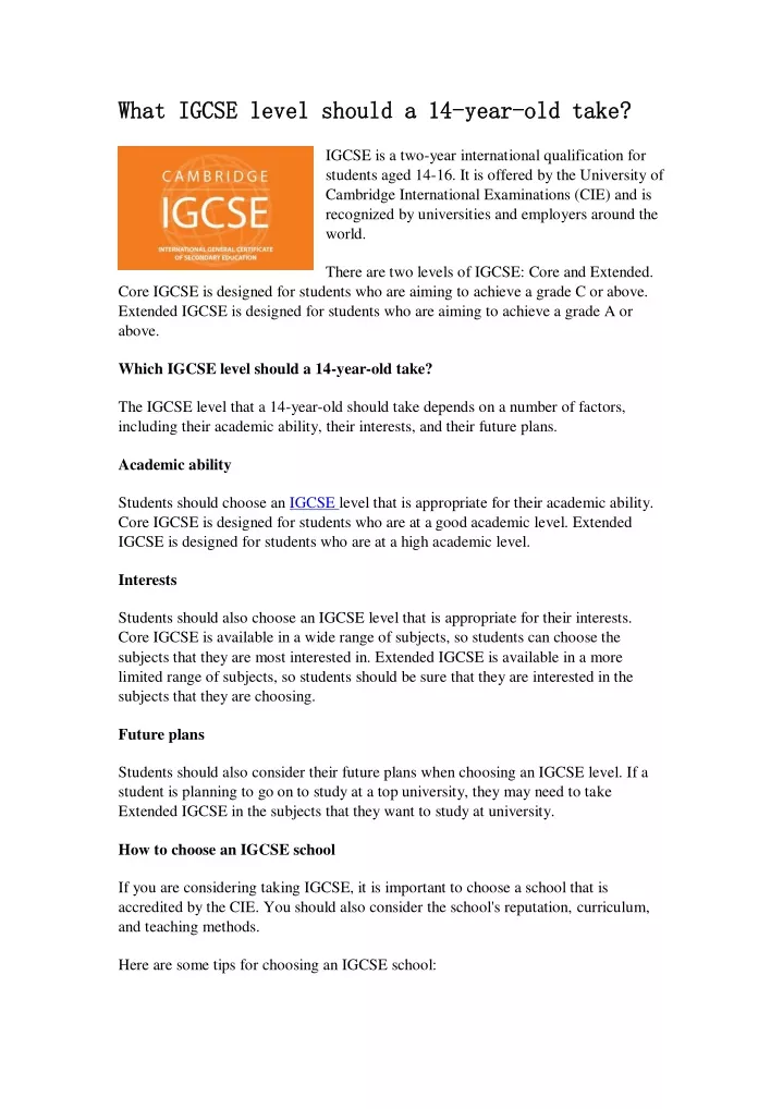 what igcse level should a 14 what igcse level