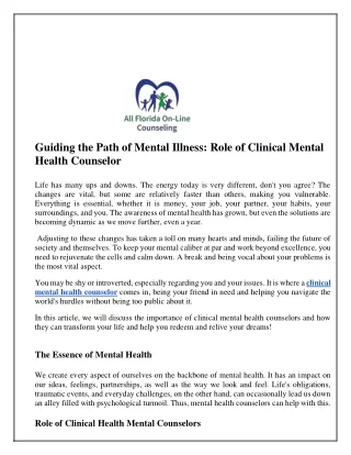 Guiding the Path of Mental Illness: Role of Clinical Mental Health Counselor