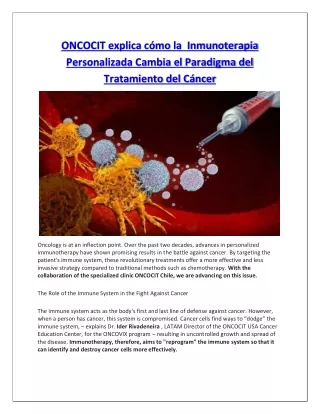 ONCOCIT explica cómo la  Inmunoterapia Personalizada Cambia el Paradigma del Tratamiento del Cáncer