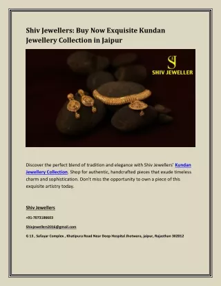Shiv Jewellers: Buy Now Exquisite Kundan Jewellery Collection in Jaipur
