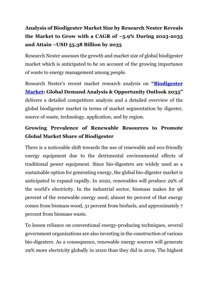 analysis of biodigester market size by research