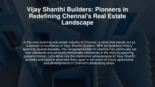 Vijay Shanthi Builders: Pioneers in Redefining Chennai's Real Estate Landscape
