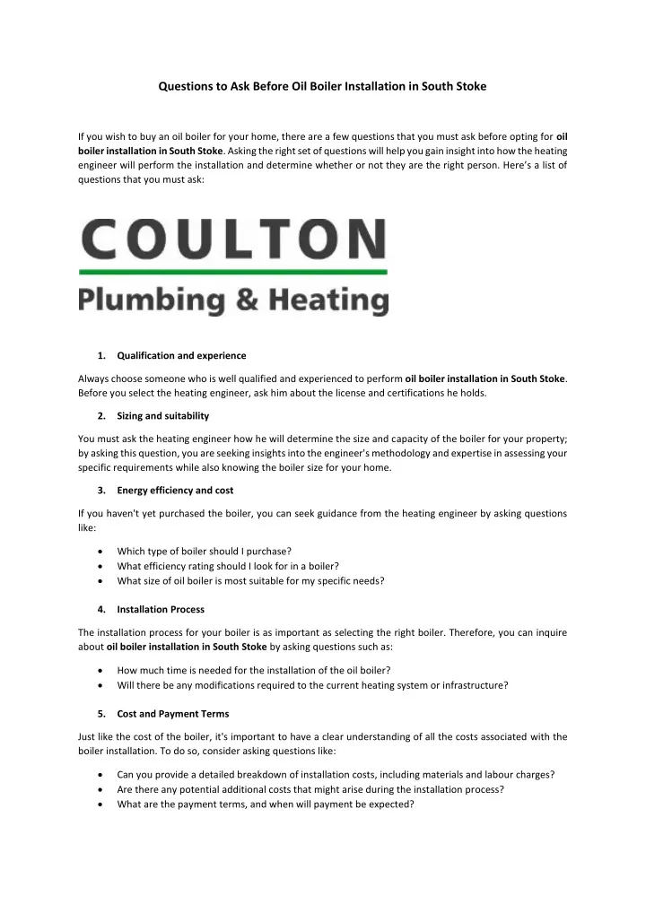 questions to ask before oil boiler installation