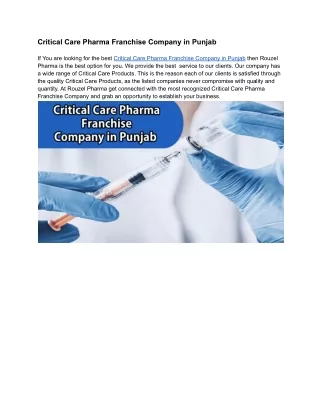 Critical Care Pharma Franchise Company in Punjab