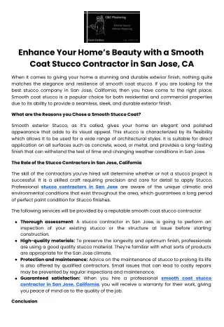 Enhance Your Home’s Beauty with a Smooth Coat Stucco Contractor in San Jose, CA
