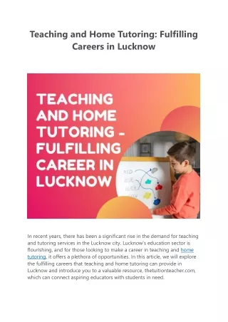 Teaching and Home Tutoring - Fulfilling career in Lucknow