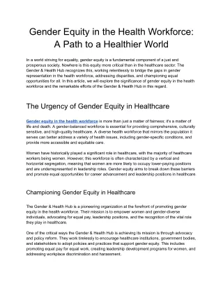 Gender Equity in the Health Workforce: A Path to a Healthier World
