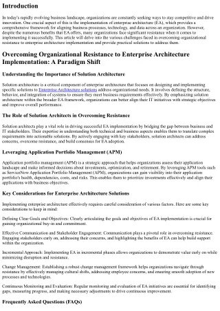 Overcoming Organizational Resistance to Enterprise Architecture Implementation