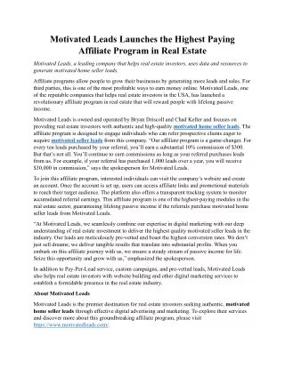 Motivated Leads Launches the Highest Paying Affiliate Program in Real Estate