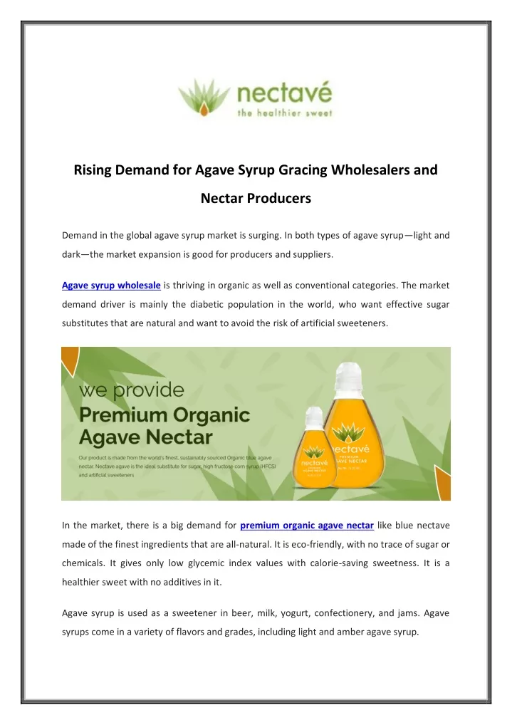 rising demand for agave syrup gracing wholesalers