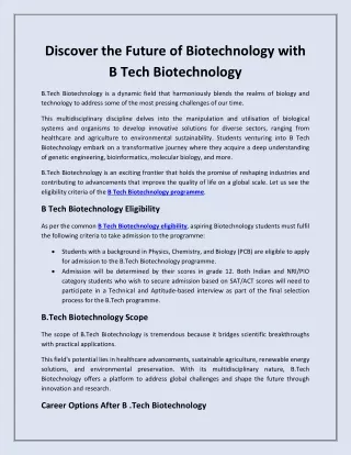 Discover the Future of Biotechnology with B Tech Biotechnology