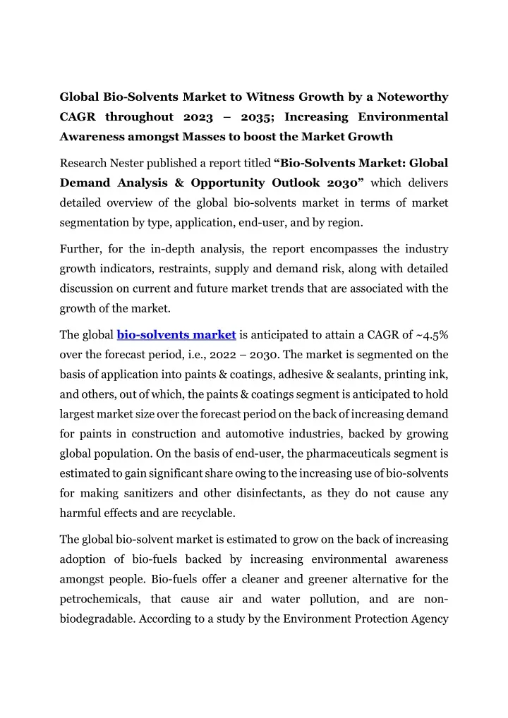 global bio solvents market to witness growth