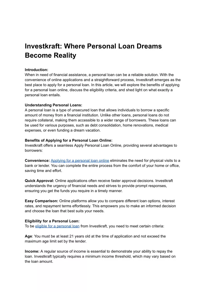 investkraft where personal loan dreams become