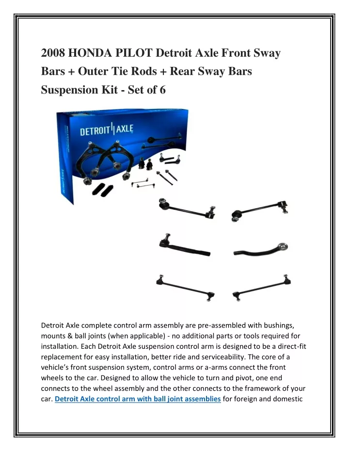 2008 honda pilot detroit axle front sway bars