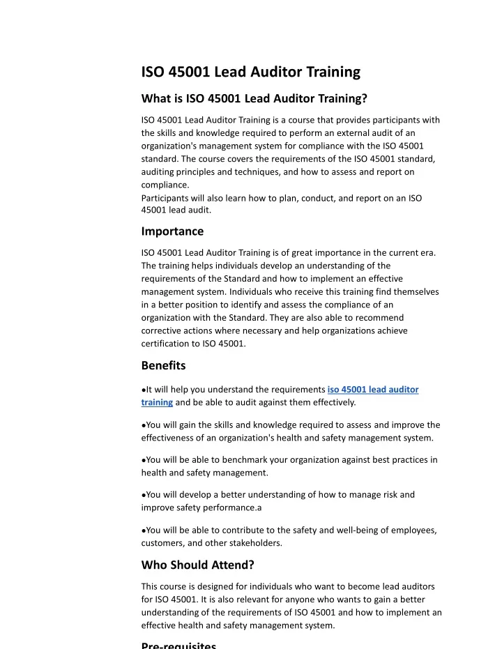 iso 45001 lead auditor training what is iso 45001