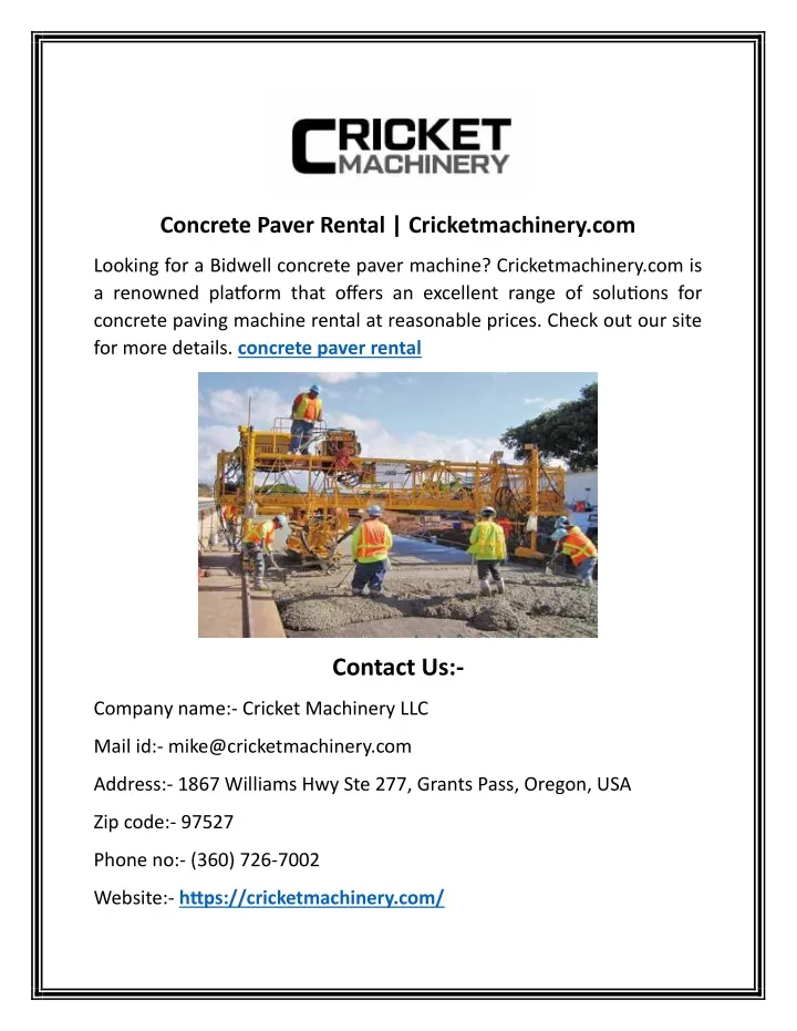 concrete paver rental cricketmachinery com