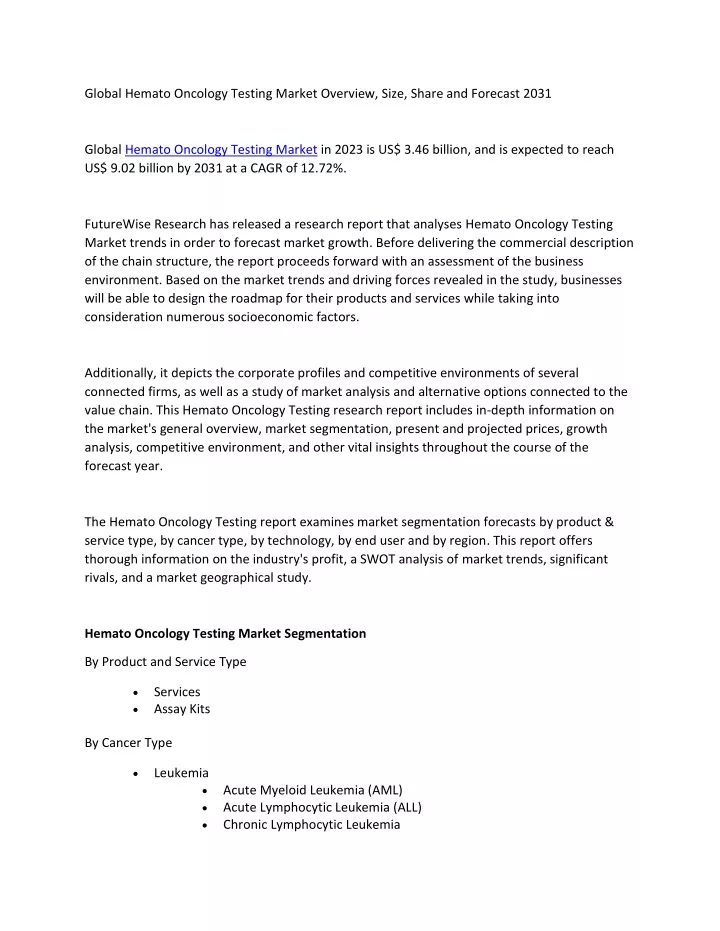 global hemato oncology testing market overview