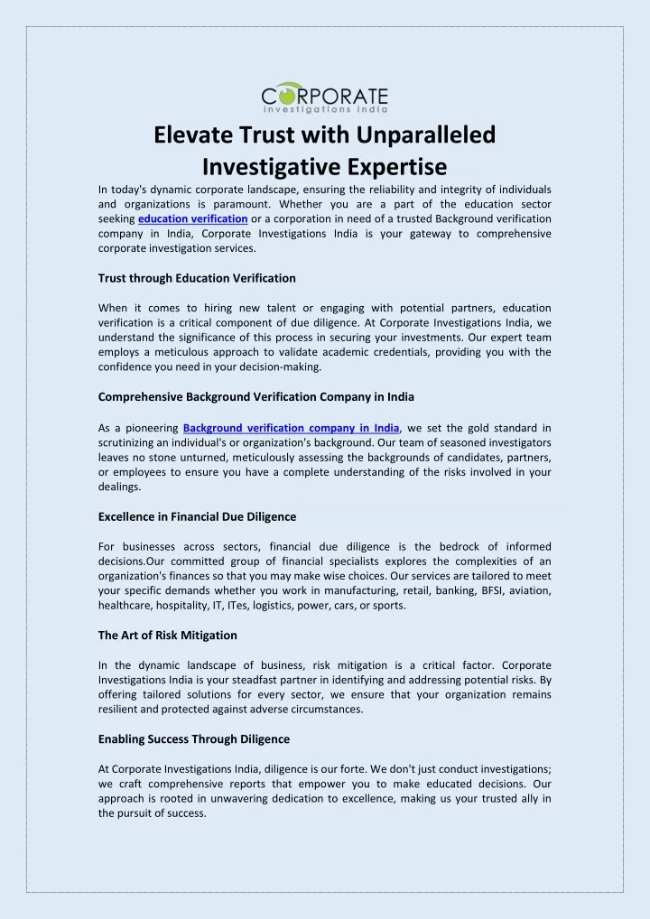 elevate trust with unparalleled investigative