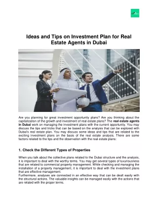 Ideas and Tips on Investment Plan for Real Estate Agents in Dubai