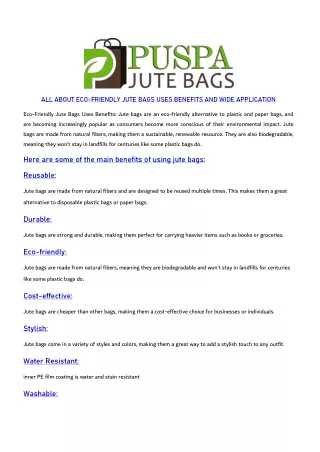 ALL ABOUT ECO-FRIENDLY JUTE BAGS USES BENEFITS AND WIDE APPLICATION