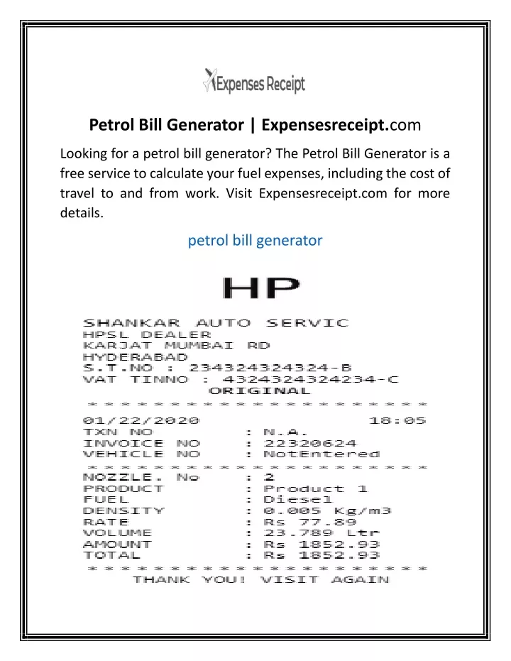 petrol bill generator expensesreceipt com