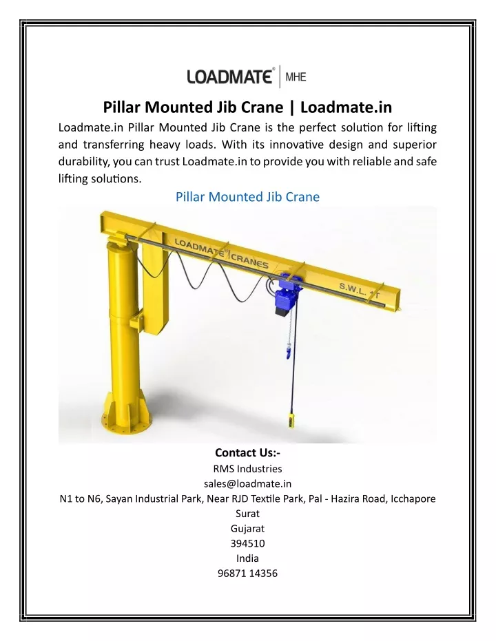 pillar mounted jib crane loadmate in loadmate