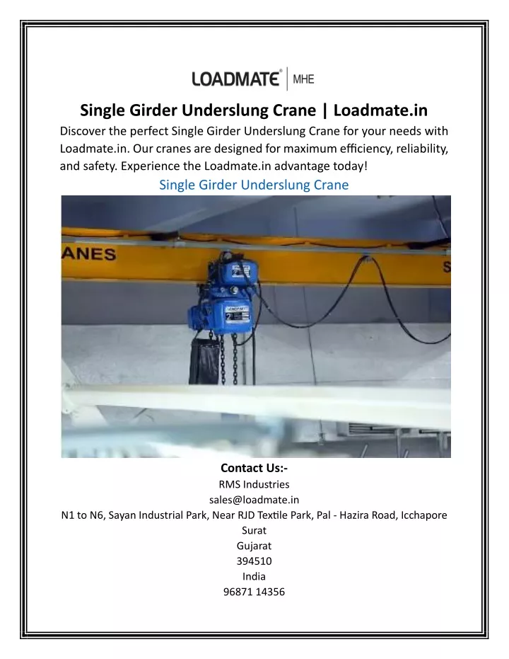 single girder underslung crane loadmate